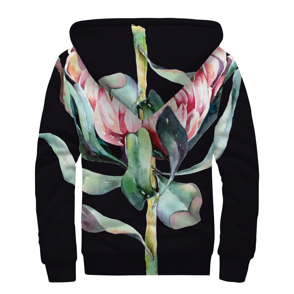 Protea Flower Print Sherpa Lined Zip Up Hoodie