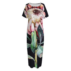 Protea Flower Print Short Sleeve Long Nightdress