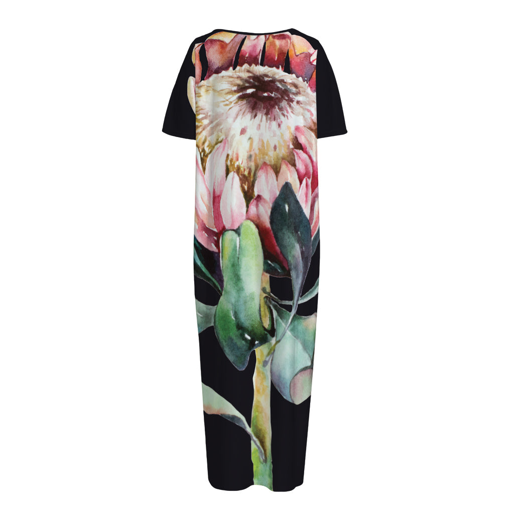 Protea Flower Print Short Sleeve Long Nightdress