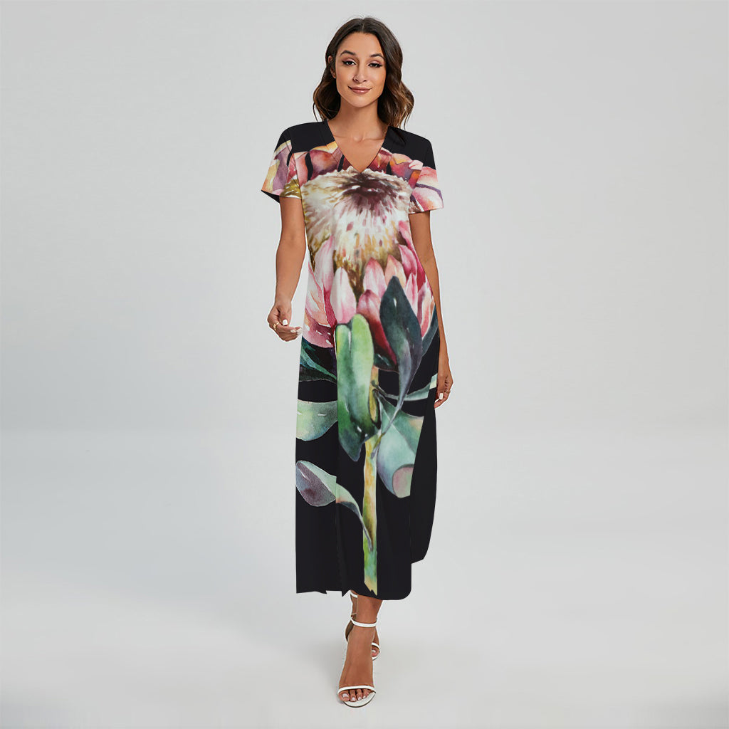 Protea Flower Print Short Sleeve Maxi Dress