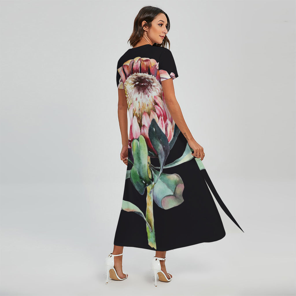 Protea Flower Print Short Sleeve Maxi Dress