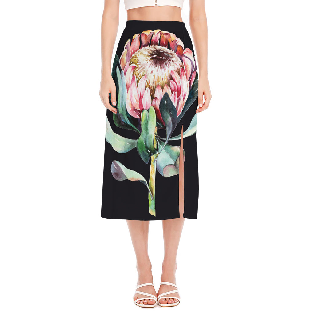 Protea Flower Print Side Slit Midi Skirt