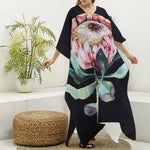 Protea Flower Print Silk V-Neck Kaftan Dress