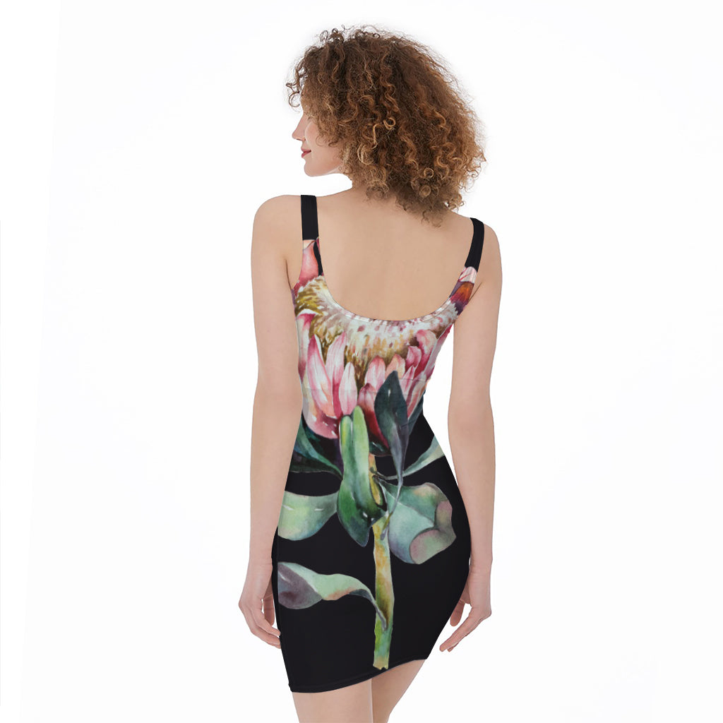 Protea Flower Print Sleeveless Bodycon Dress