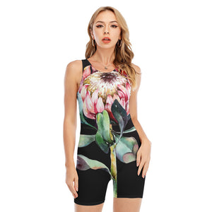 Protea Flower Print Sleeveless One Piece Swimsuit