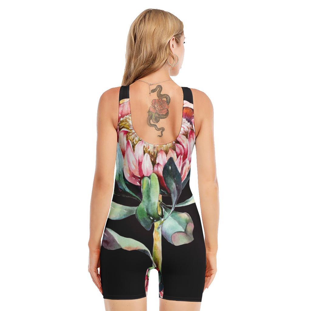 Protea Flower Print Sleeveless One Piece Swimsuit