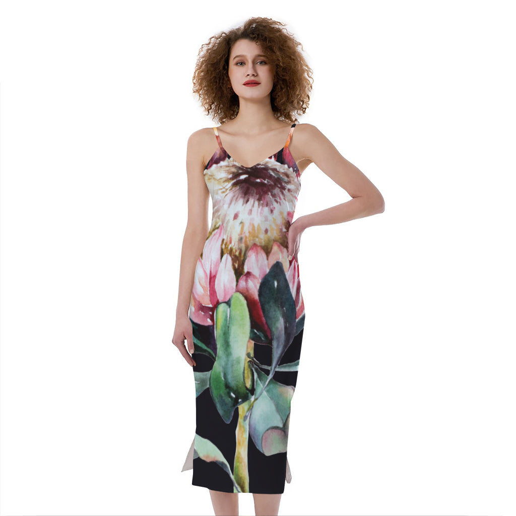 Protea Flower Print Slim Fit Midi Cami Dress