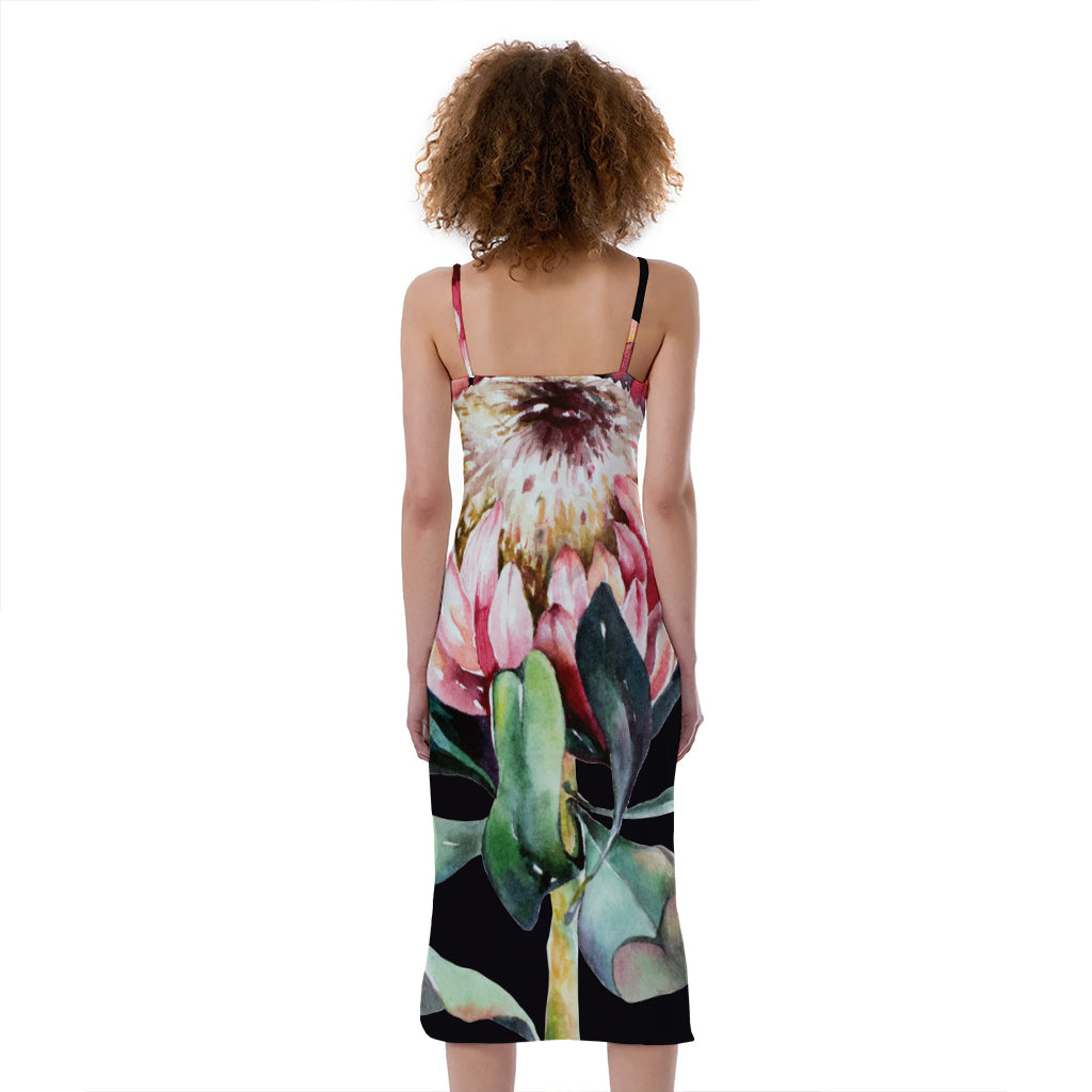 Protea Flower Print Slim Fit Midi Cami Dress