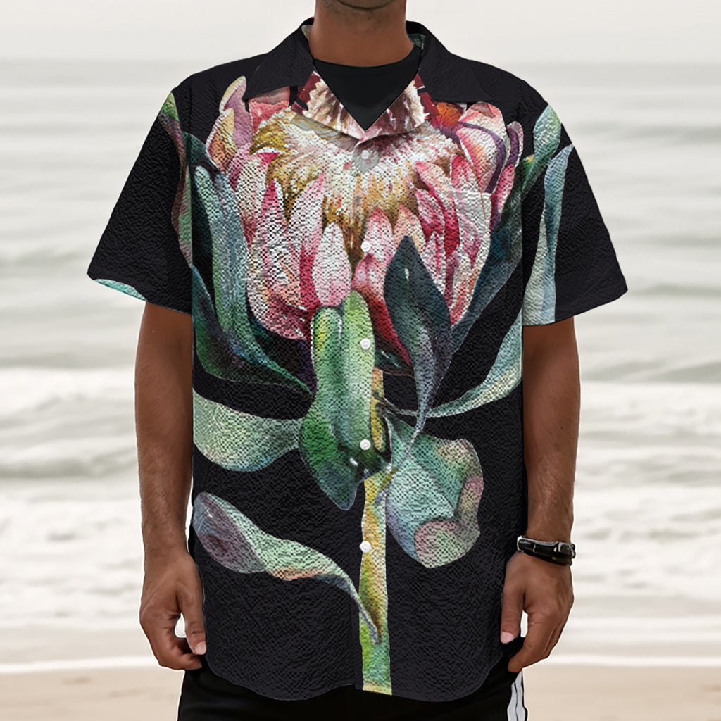 Protea Flower Print Textured Short Sleeve Shirt