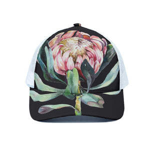 Protea Flower Print White Mesh Trucker Cap