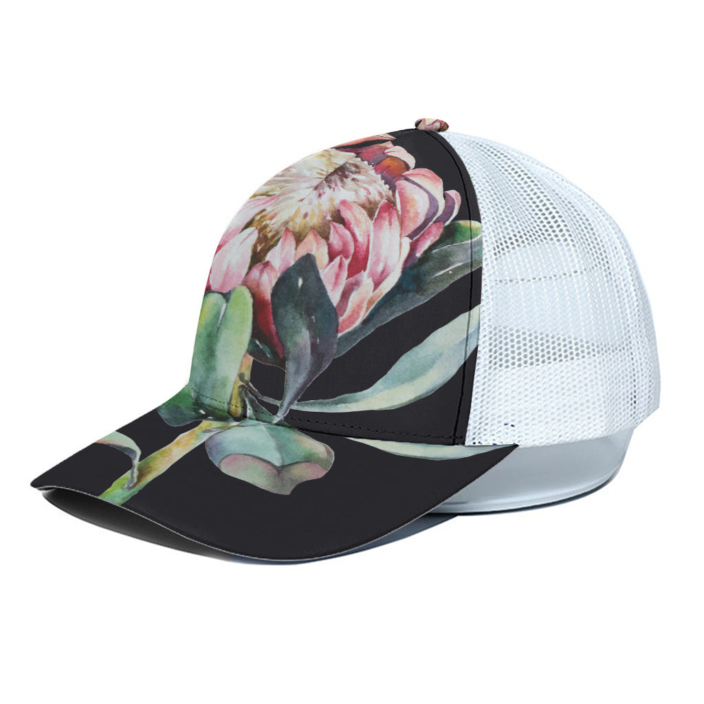 Protea Flower Print White Mesh Trucker Cap