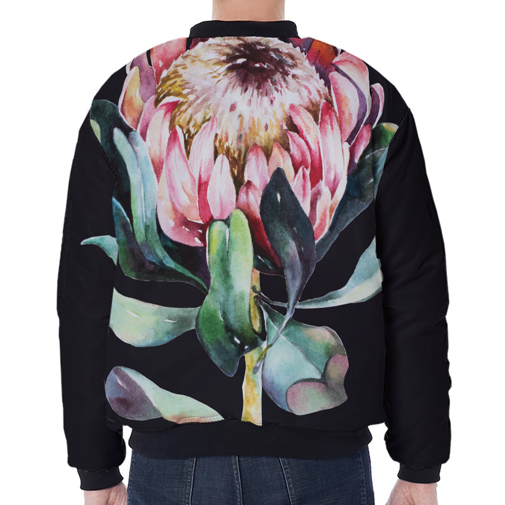 Protea Flower Print Zip Sleeve Bomber Jacket