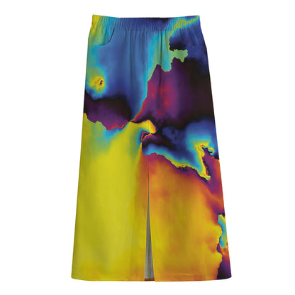 Psychedelic Acid Print Cotton Front Slit Maxi Skirt