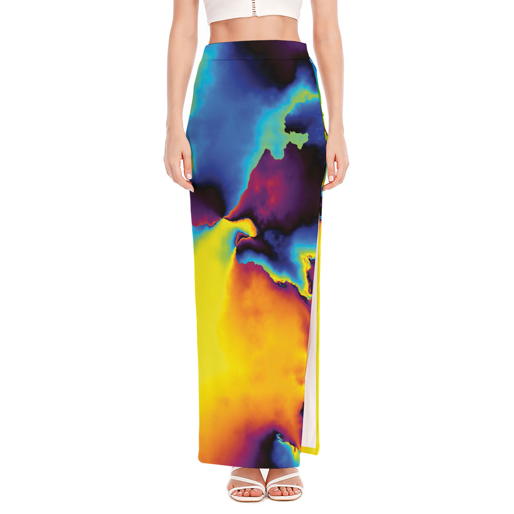 Psychedelic Acid Print High Slit Maxi Skirt