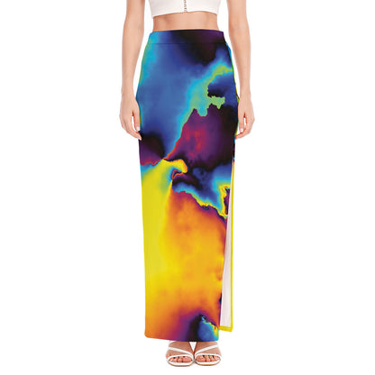 Psychedelic Acid Print High Slit Maxi Skirt