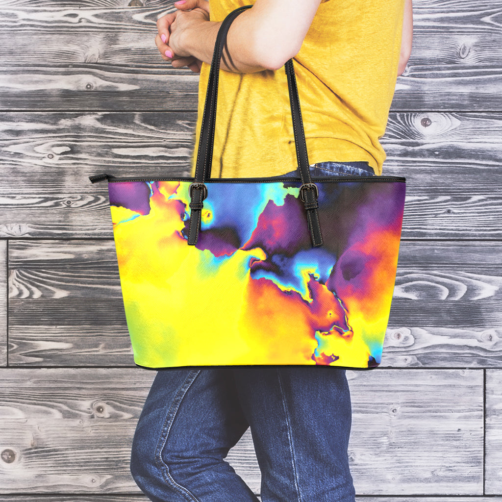 Psychedelic Acid Print Leather Tote Bag