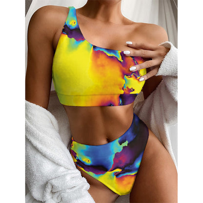 Psychedelic Acid Print One Shoulder Bikini Top