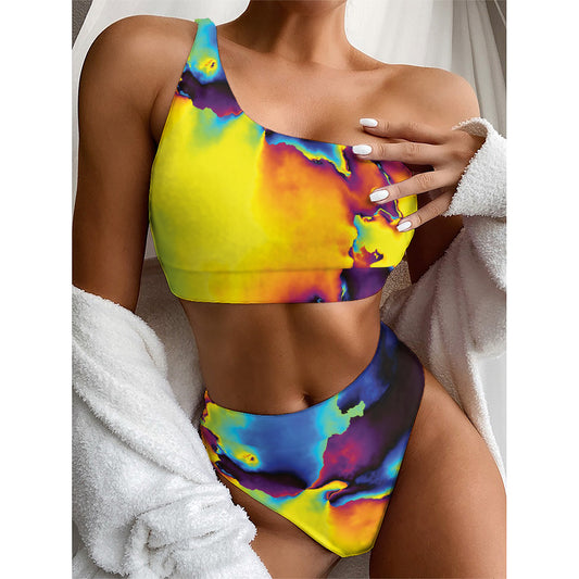 Psychedelic Acid Print One Shoulder Bikini Top