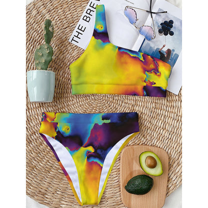 Psychedelic Acid Print One Shoulder Bikini Top