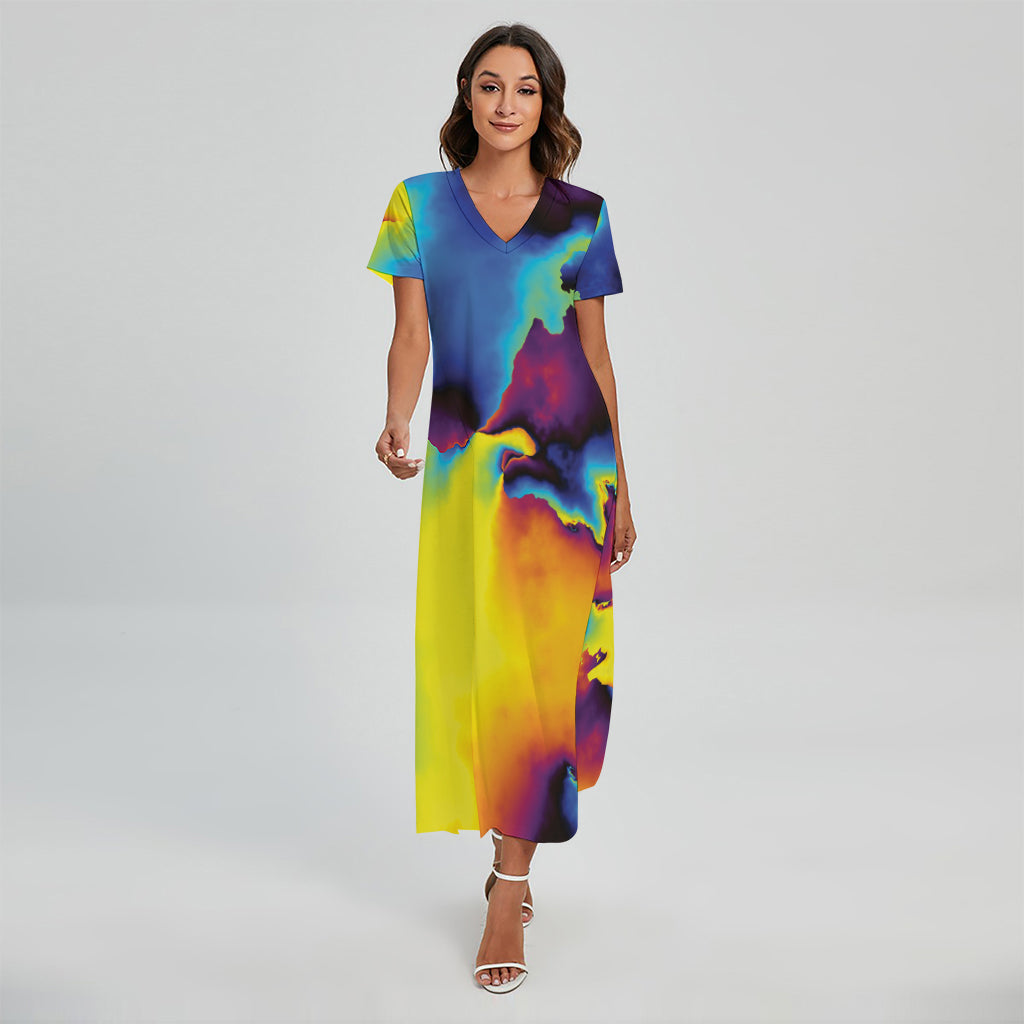 Psychedelic Acid Print Short Sleeve Maxi Dress