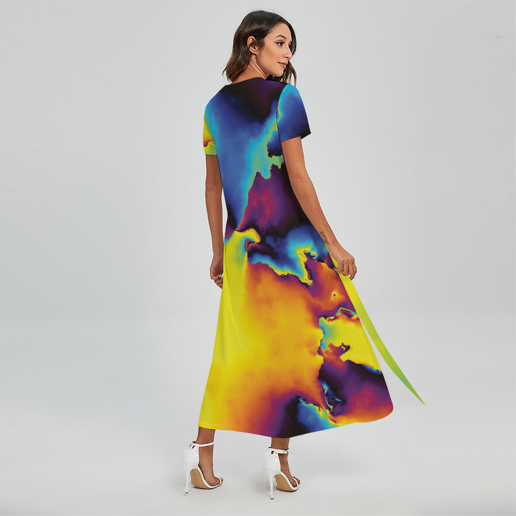 Psychedelic Acid Print Short Sleeve Maxi Dress