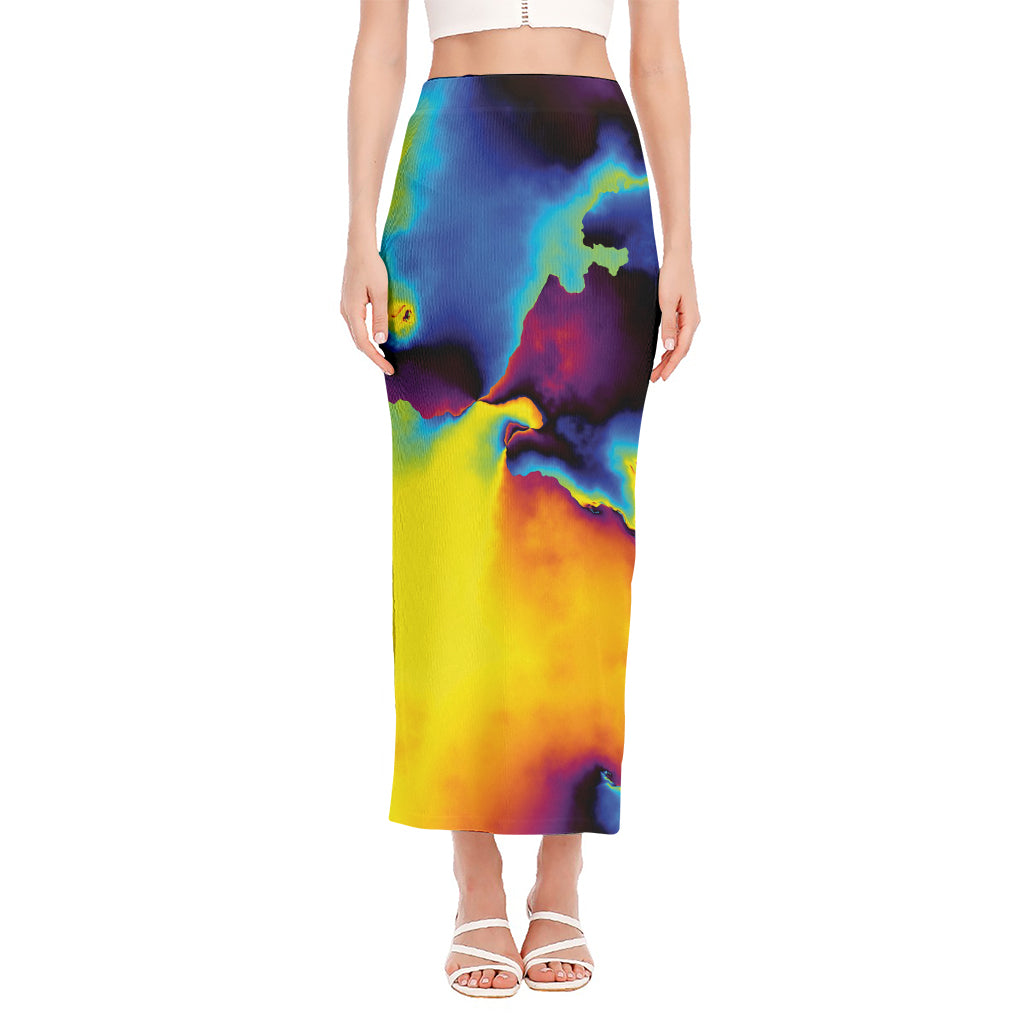 Psychedelic Acid Print Side Slit Maxi Skirt