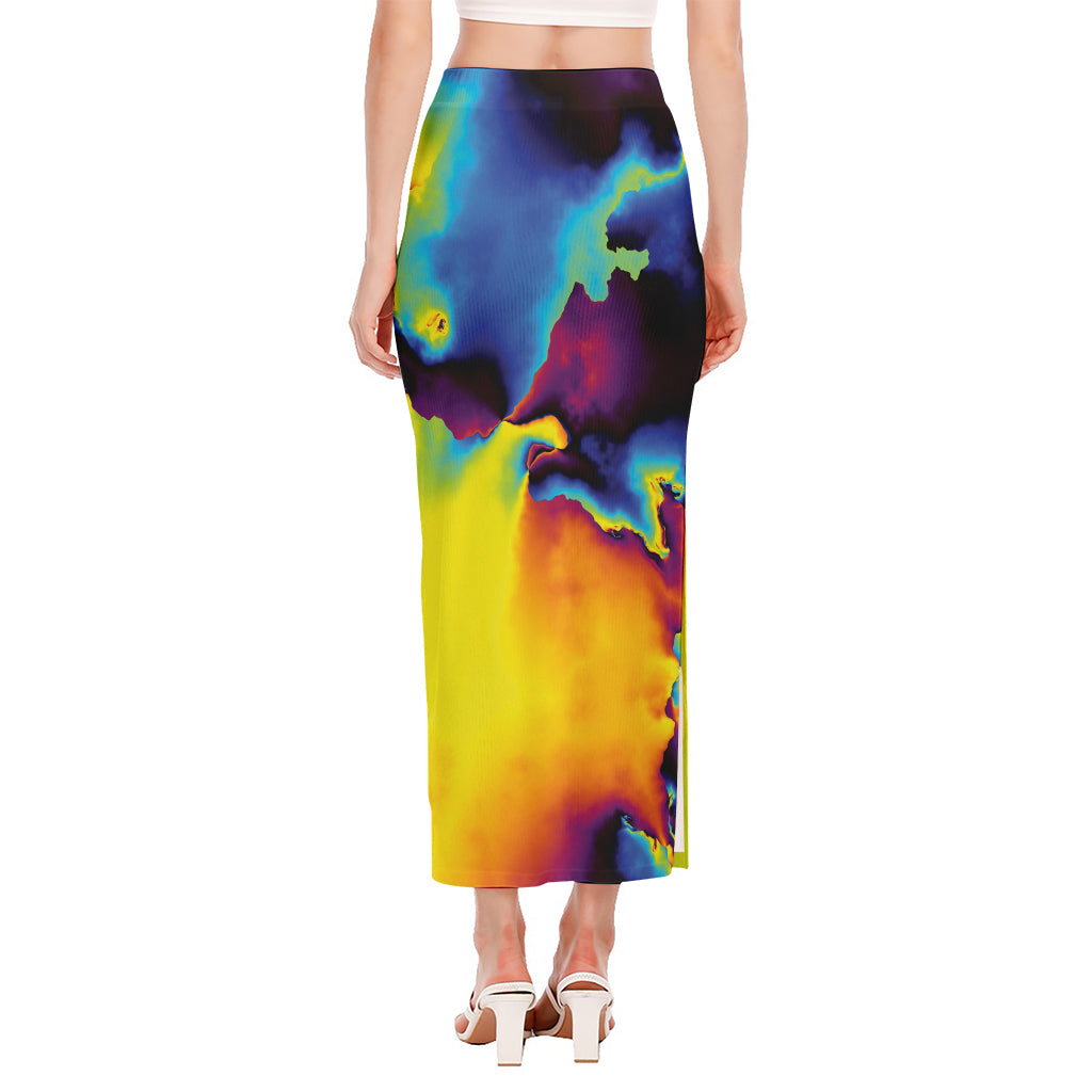 Psychedelic Acid Print Side Slit Maxi Skirt