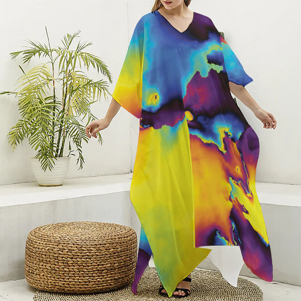 Psychedelic Acid Print Silk V-Neck Kaftan Dress