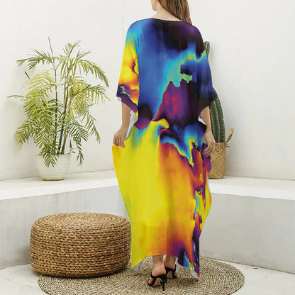 Psychedelic Acid Print Silk V-Neck Kaftan Dress