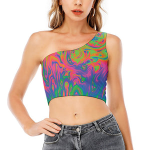 Psychedelic Bubble Print One Shoulder Crop Top