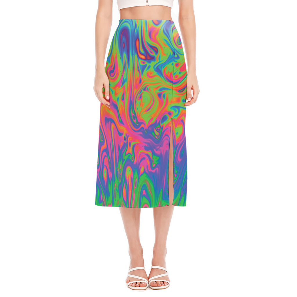 Psychedelic Bubble Print Side Slit Midi Skirt