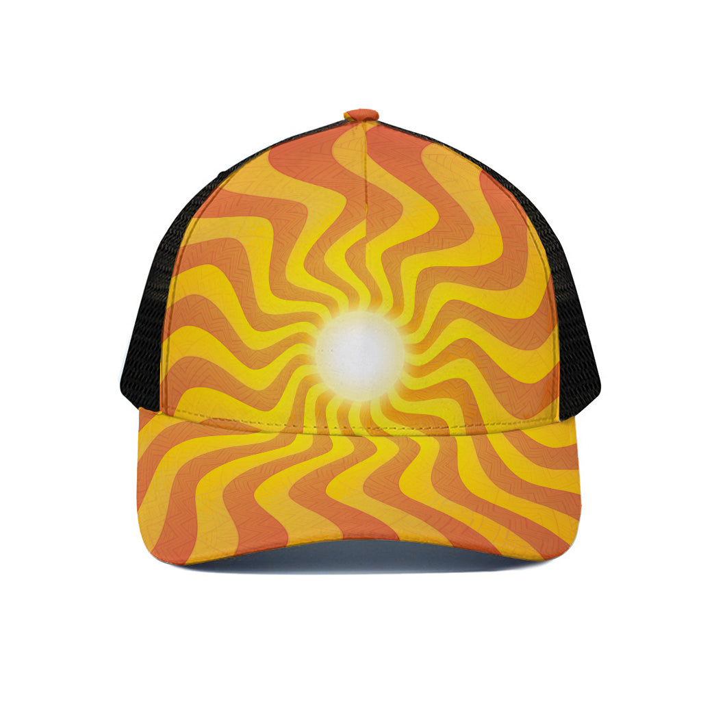 Psychedelic Burning Sun Print Black Mesh Trucker Cap