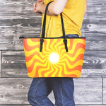 Psychedelic Burning Sun Print Leather Tote Bag