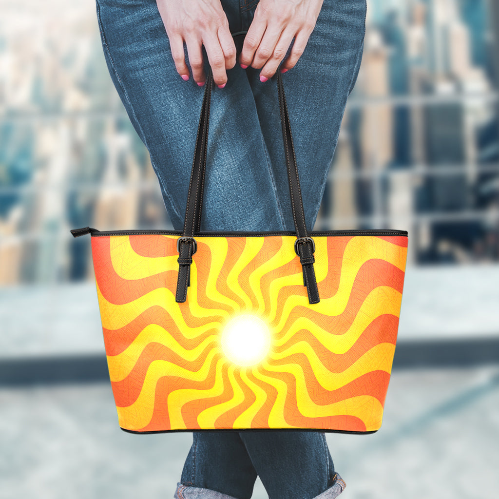 Psychedelic Burning Sun Print Leather Tote Bag