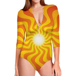 Psychedelic Burning Sun Print Long Sleeve Swimsuit