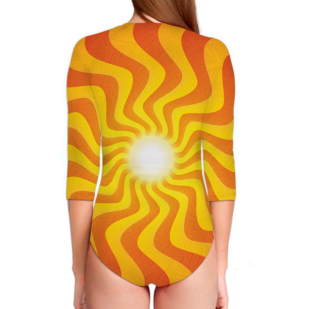 Psychedelic Burning Sun Print Long Sleeve Swimsuit