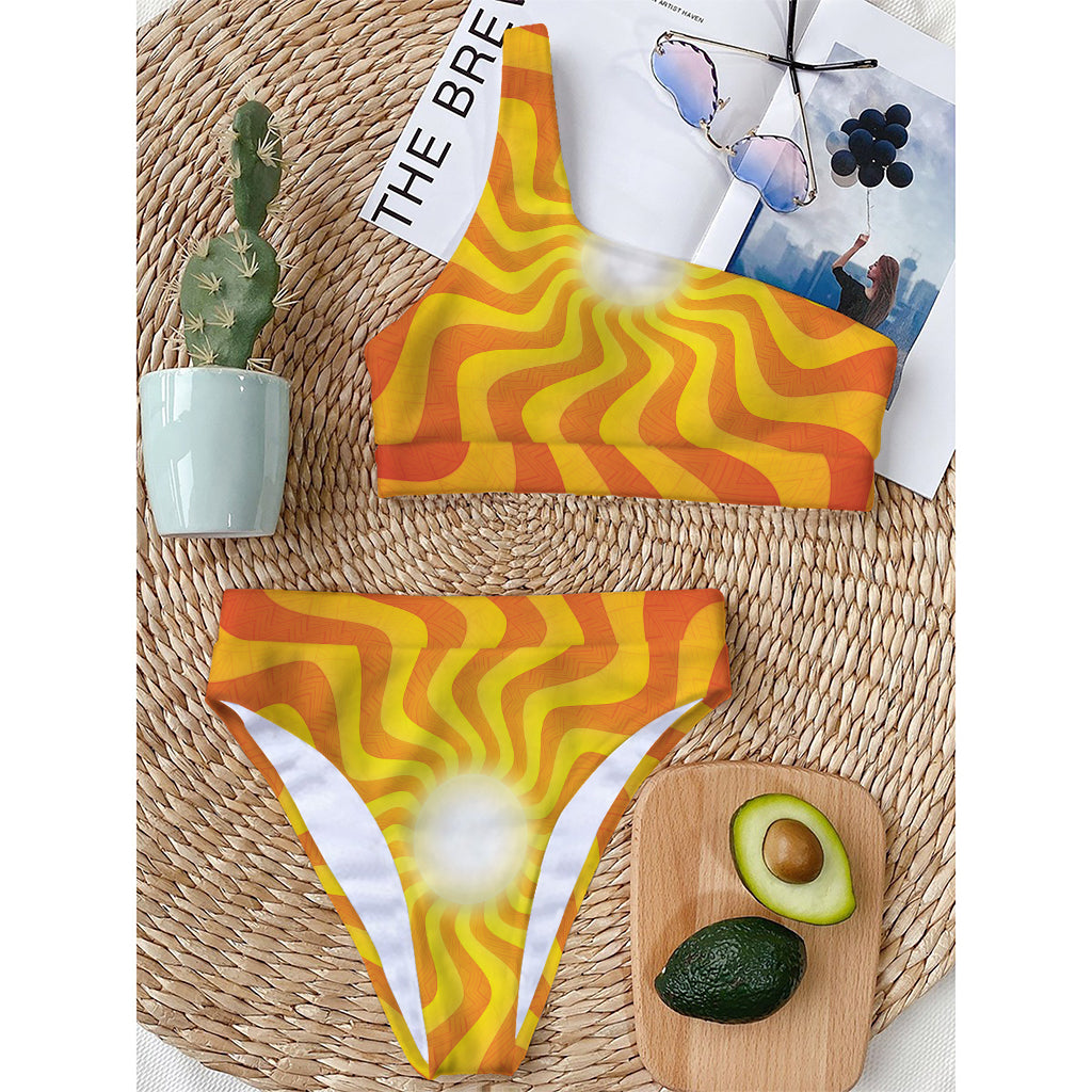 Psychedelic Burning Sun Print One Shoulder Bikini Top