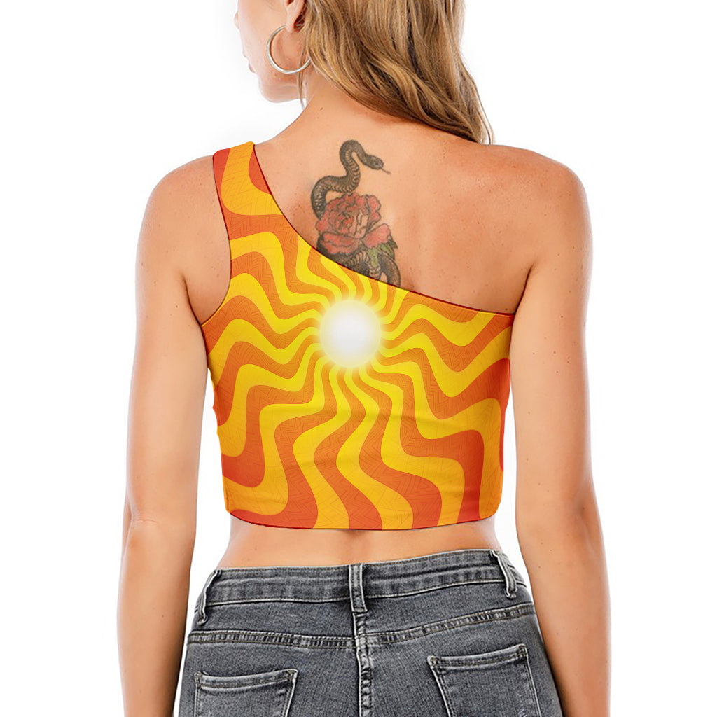 Psychedelic Burning Sun Print One Shoulder Crop Top