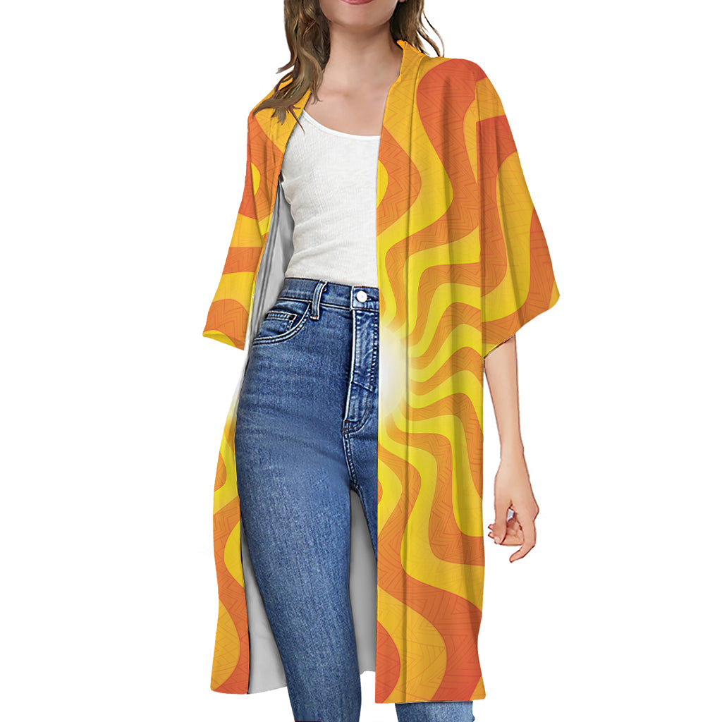 Psychedelic Burning Sun Print Open Front Beach Cover Up