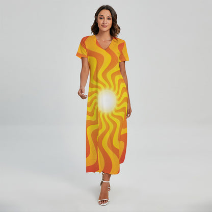 Psychedelic Burning Sun Print Short Sleeve Maxi Dress