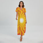 Psychedelic Burning Sun Print Short Sleeve Maxi Dress