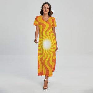 Psychedelic Burning Sun Print Short Sleeve Maxi Dress