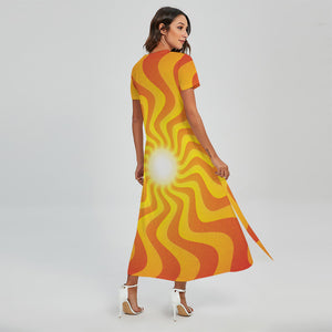 Psychedelic Burning Sun Print Short Sleeve Maxi Dress