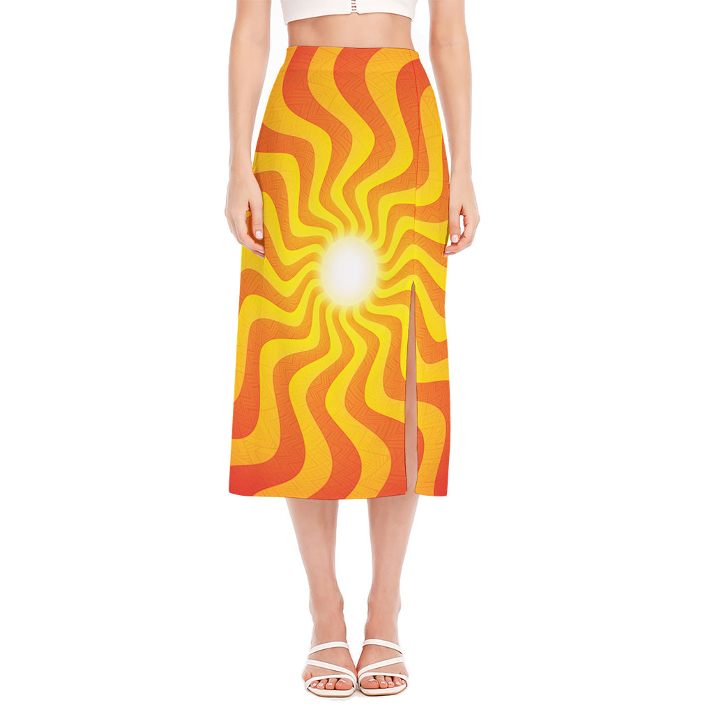 Psychedelic Burning Sun Print Side Slit Midi Skirt