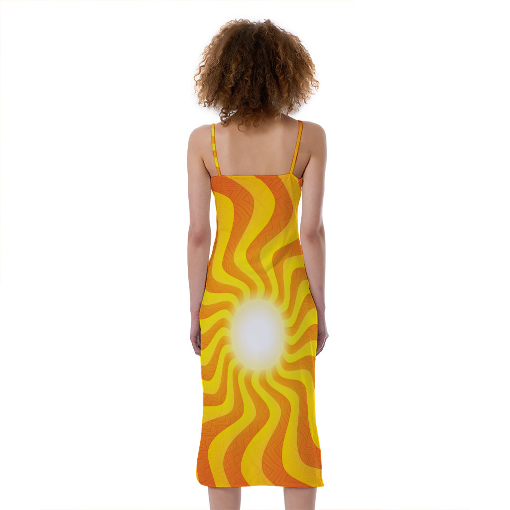 Psychedelic Burning Sun Print Slim Fit Midi Cami Dress