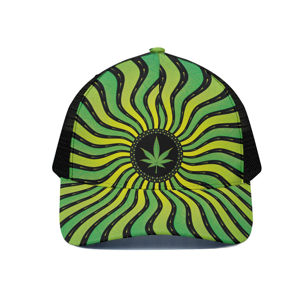 Psychedelic Cannabis Leaf Print Black Mesh Trucker Cap
