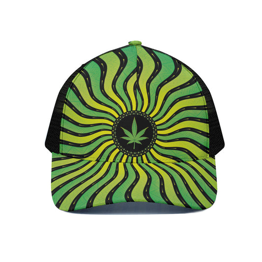 Psychedelic Cannabis Leaf Print Black Mesh Trucker Cap