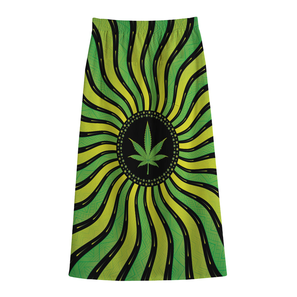 Psychedelic Cannabis Leaf Print Cotton Front Slit Maxi Skirt