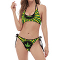 Psychedelic Cannabis Leaf Print Halter Scoop Tie Side Bikini