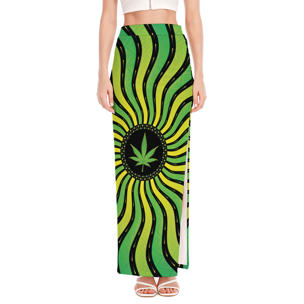 Psychedelic Cannabis Leaf Print High Slit Maxi Skirt